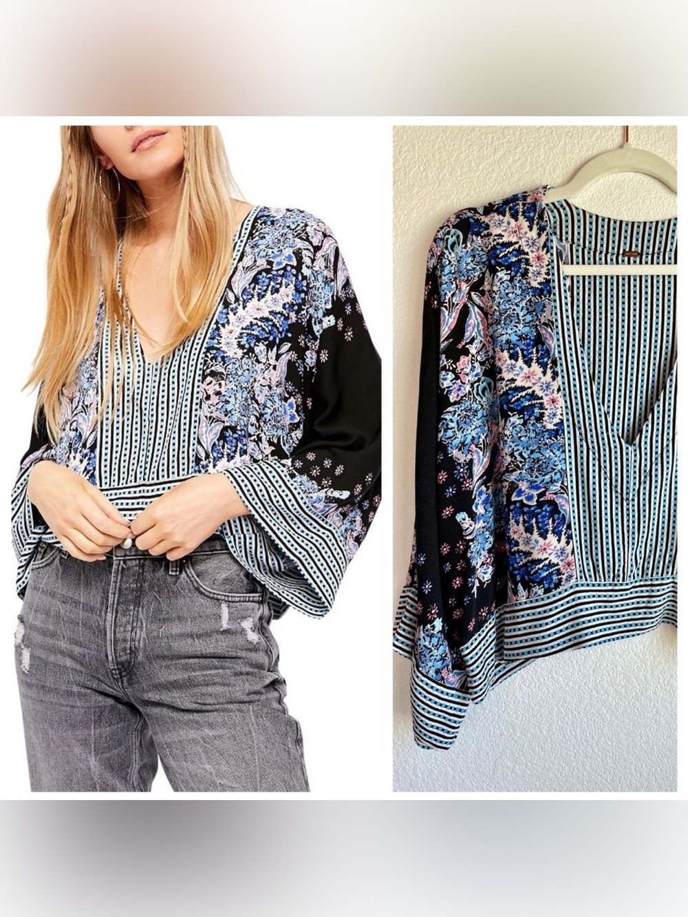Free People Mix N Match Cropped Deep V Kimono Style Top in Black Combo | Size M